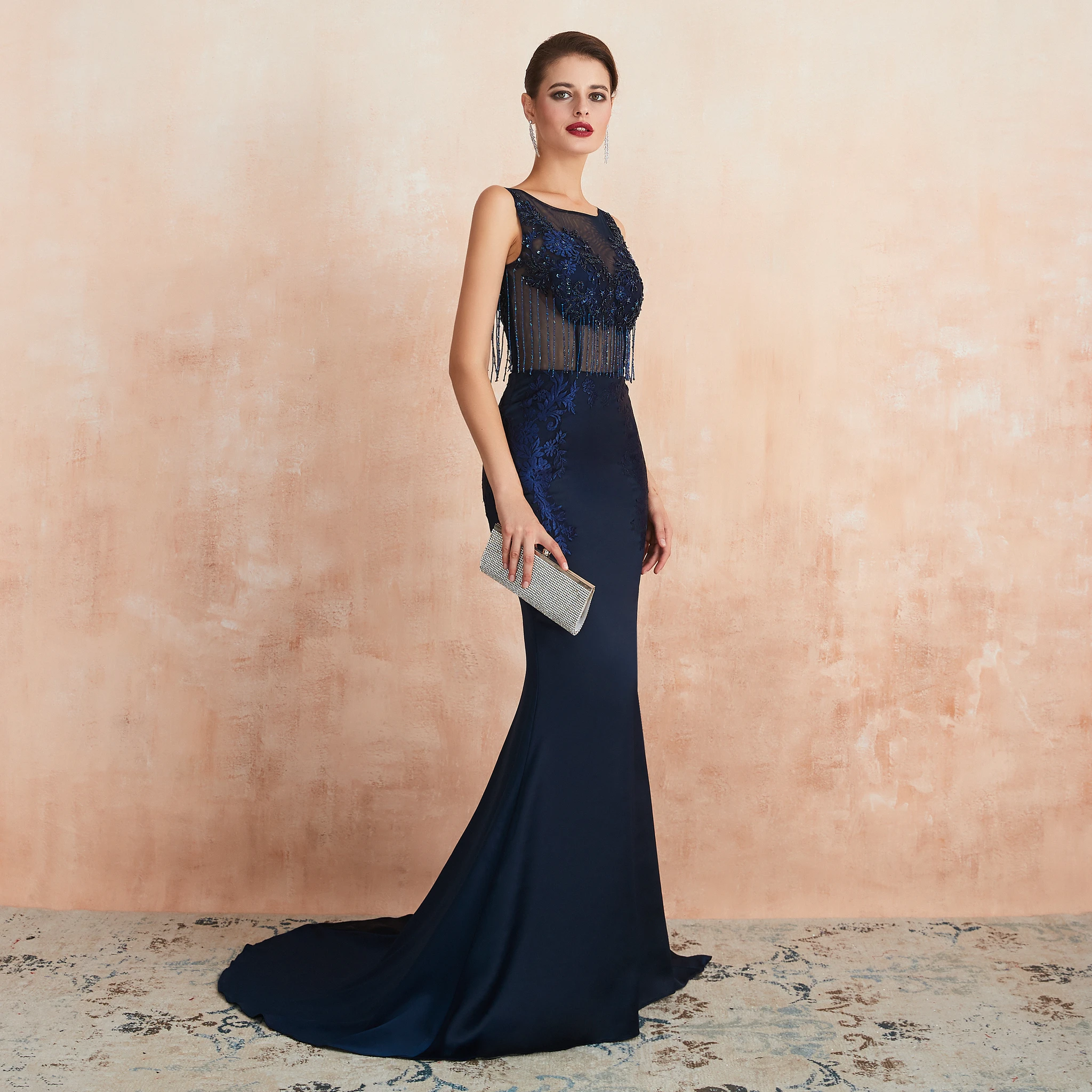 JaneVini Vintage Navy Blu Lungo Abiti da ballo Della Sirena 2019 Scoop Neck Nappa Borda Backless del Raso Del Vestito Vestido Para Formatura