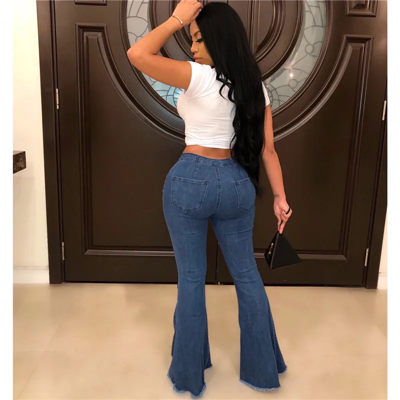 Cotton Stretchy Vintage Wash Ripped High Waist Jeans for Women Bell Bottom Jeans 2021 Hole Wide Leg Flare Denim Pants Trousers