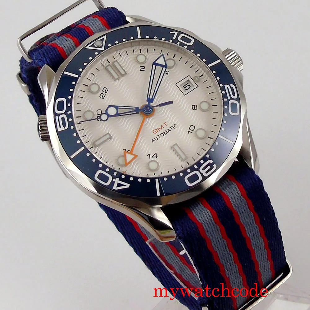 Bliger 41mm relógios automáticos função gmt safira cristal calendário cinta de náilon cearmic bezle inserção