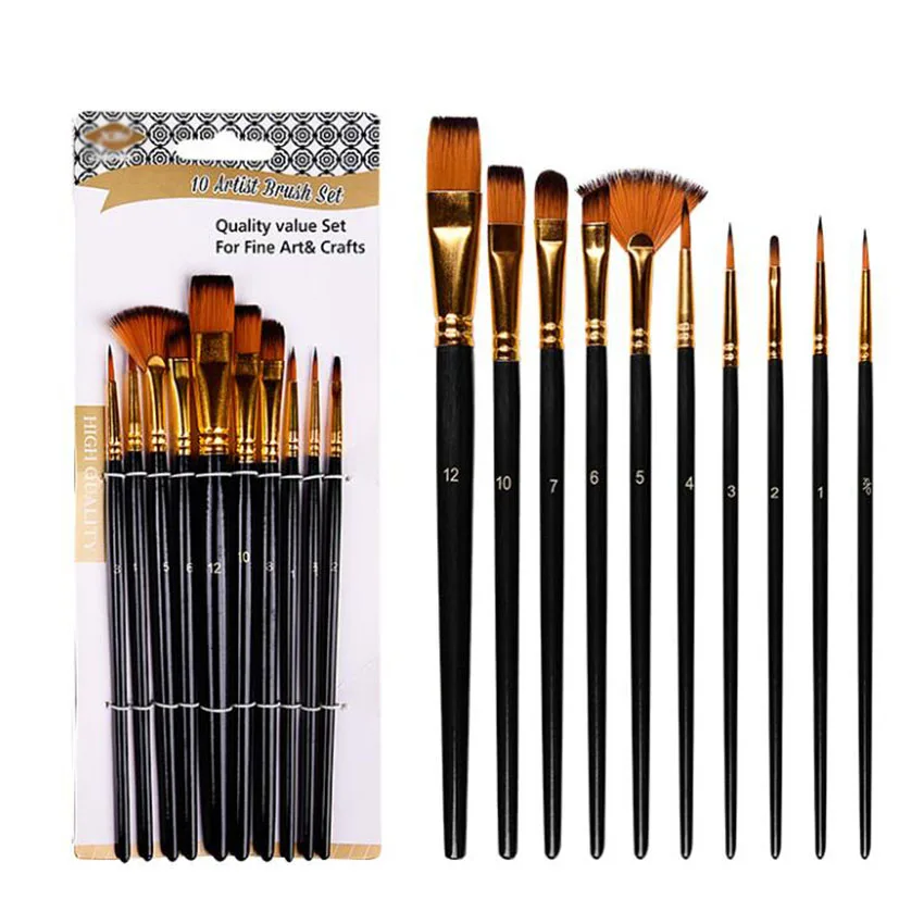 10Pcs/Set  Watercolor Gouache Paint Brushes Nylon Hair Oil Painting Brush Student Children DIY Art Drawing Watercolor Brush