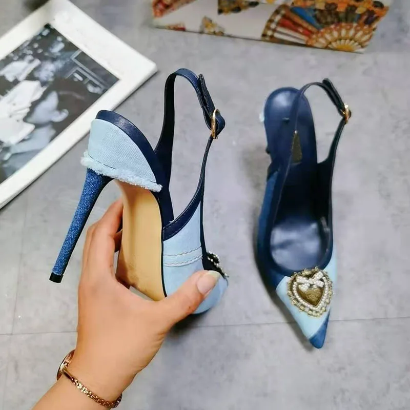 Women Blue Denim Gladiator Pumps Luxury Crystal Pointed Toe Buckle Ankle Strap Thin High Heeled Party Wedding Shoes