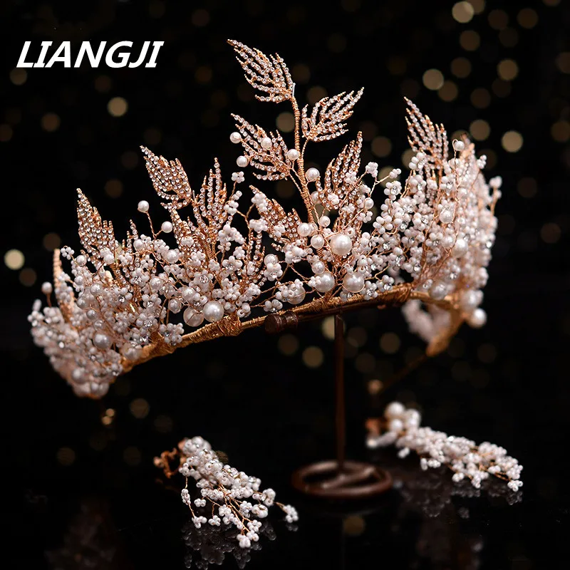 

Crown Headpiece Pearl Crystal Leaf Bride Tiaras Wedding Vine Hair Accessories headdress Headbands Hairdress Hairpin Earrings