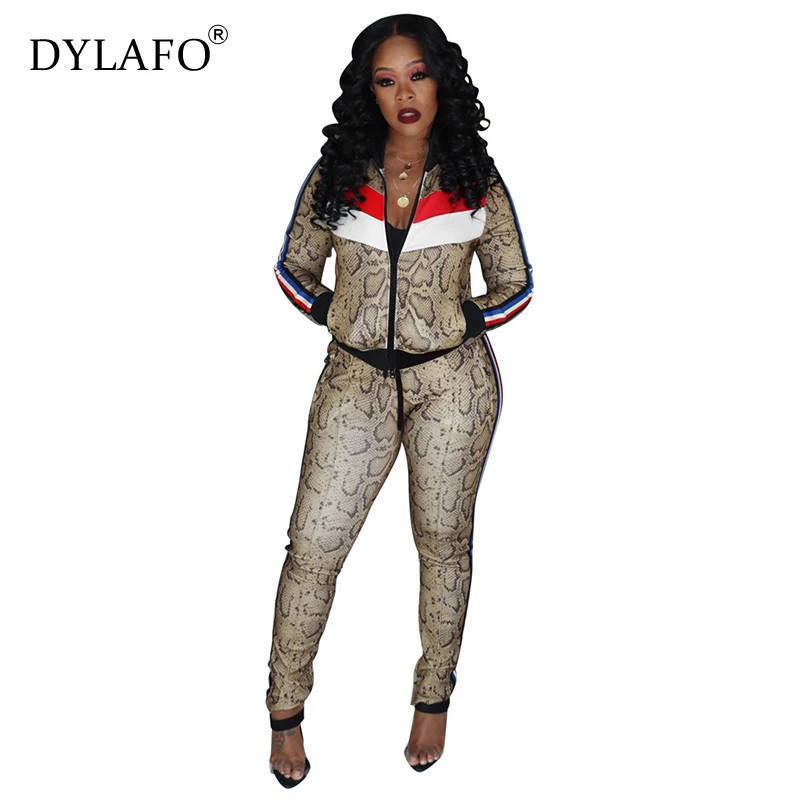 Casaul Snake Print Tracksuit Women 2 Piece Set Top and Pants Long Sleeve Striped Patchwork Zipper Sweatsuit Plus Size S-2XL