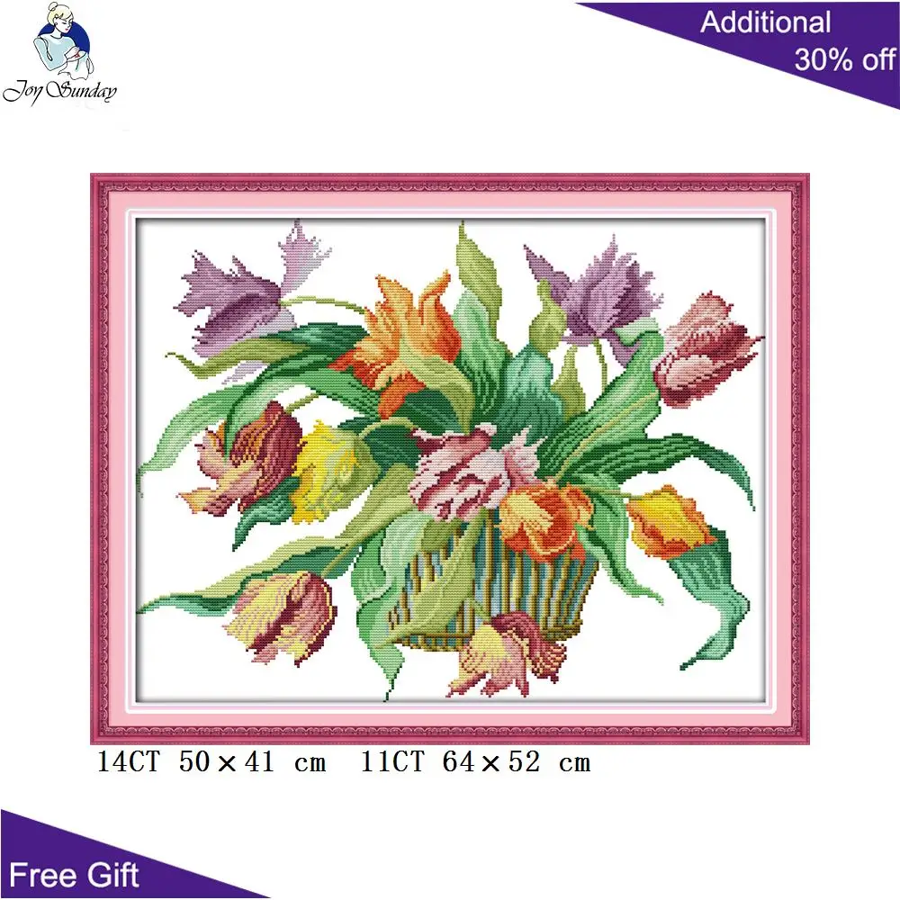 Joy Sunday-Flowers Home Decor, Pink Gorgeous Tulips, Gold and Jade, Fill the Hall, Cross Stitch, H413, H436, H465, H572(5), H608