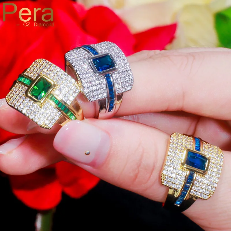 Pera Monaco Designer Luxury Gold Color Punk Stackable Choker Bule Square CZ Zircon Big Statement Wedding Bridal Finger Ring R121