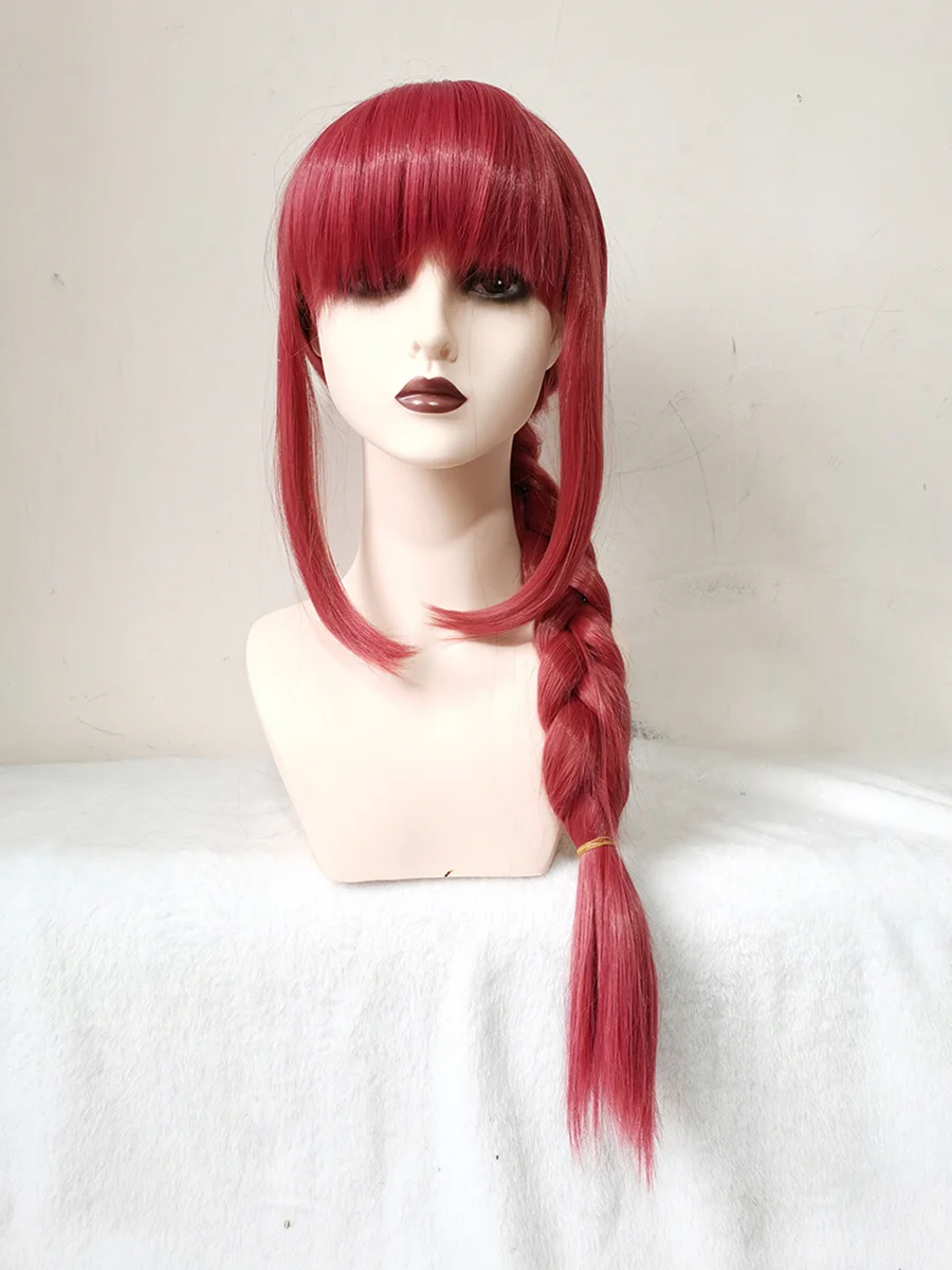 Makima Chainsaw Man Anime Cosplay Perruque, Cheveux Longs Tressés Rouges, Perruques de ixd'Halloween, Bonnet, Degré de Chaleur, 70cm