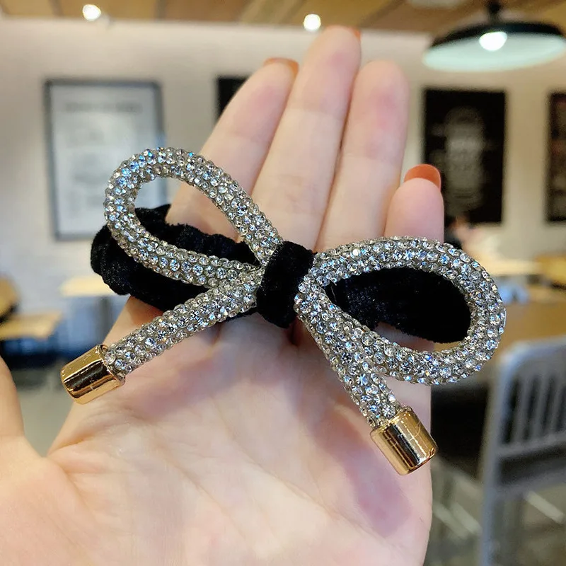 Ladies Rhinestone Bowknot Hair Ties Rope Luxury Glitter Jeweled Elastic Rubber Band Ponytail Holder Velvet Scrunchies