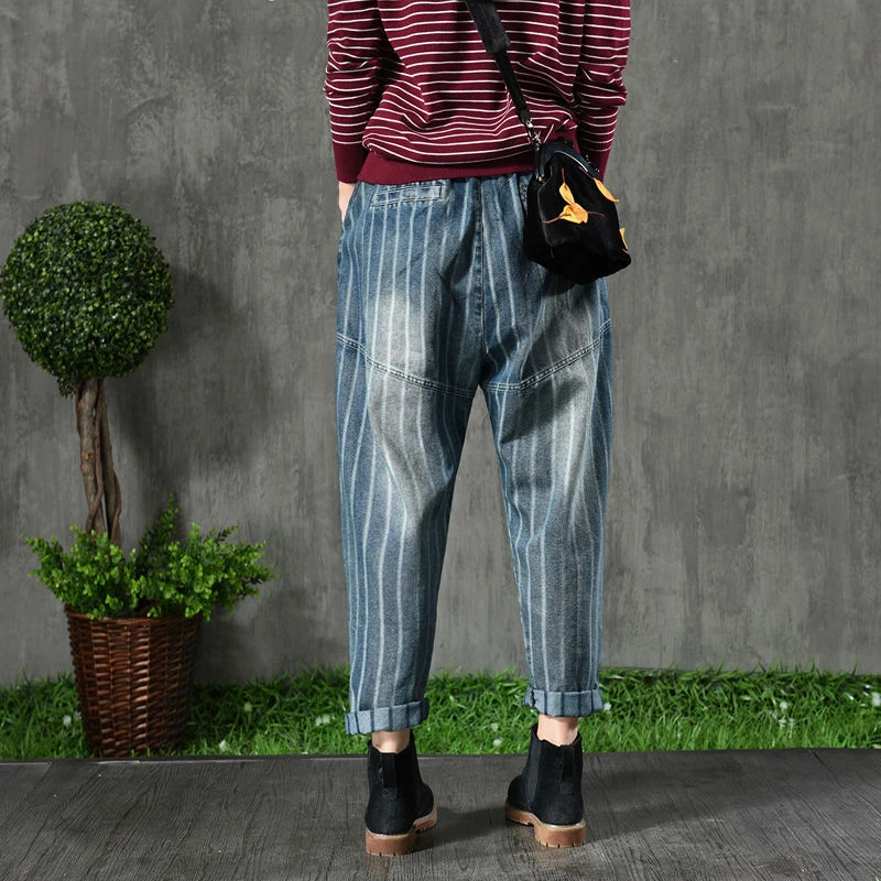 Spring Autumn Arts Style Women Elastic Waist Denim Harem Pants Vintage Loose Stripe Jeans All-matched Casual Denim Jeans D465