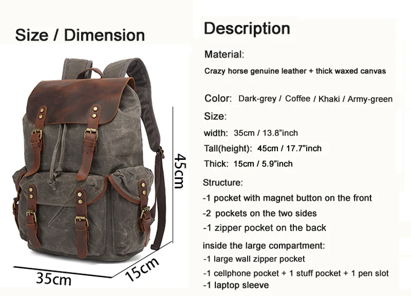 Vintage Waterproof Waxed Canvas + Genuine Leather Men\'s Backpack Large Capacity Bagpack Travel Bag Mochila Laptop Case Rucksack