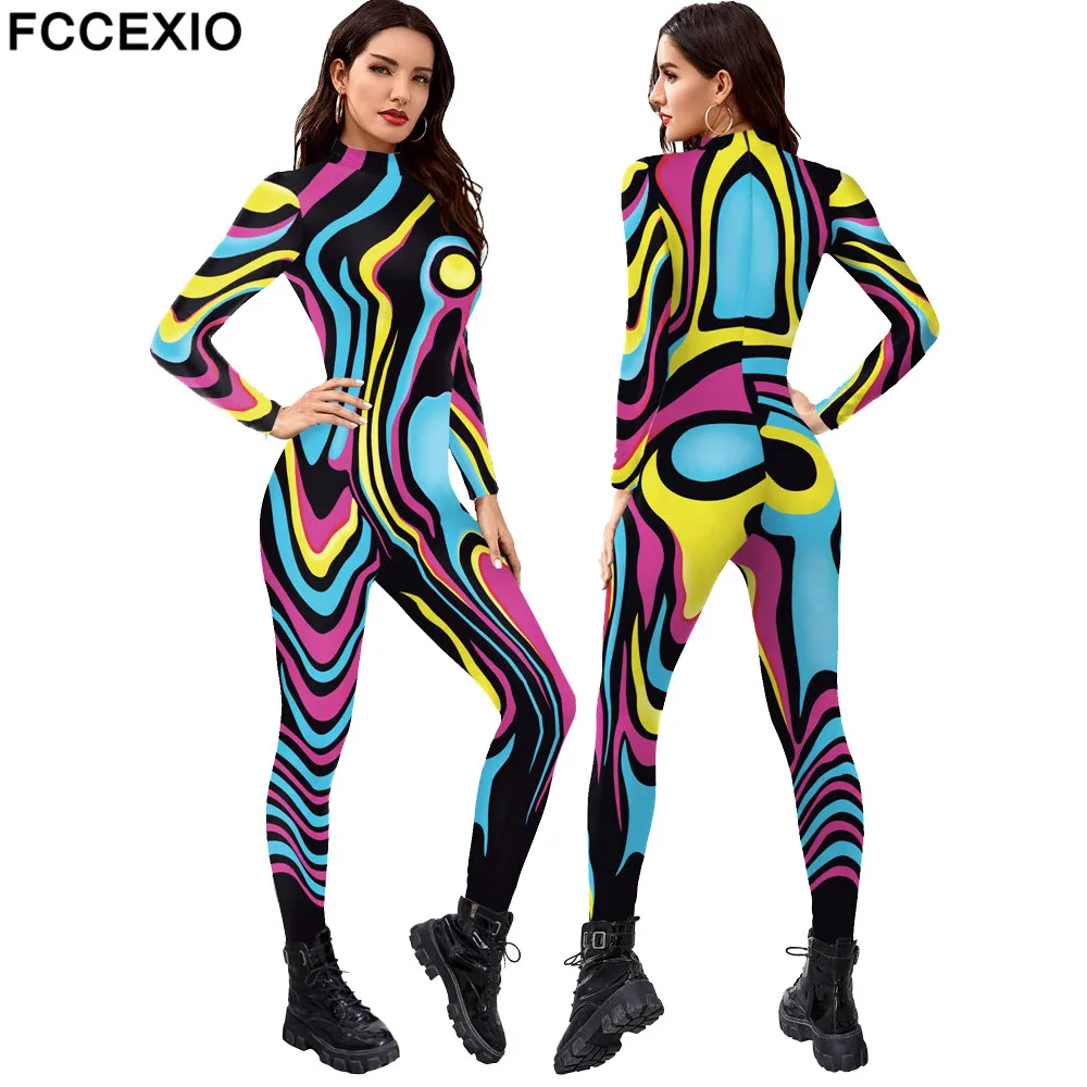 FCCEXIO Multicolour Printing Holiday Party Women Jumpsuits New Fashion Sexy Jumpsuit Wear Cosplay Costume Catsuit Bodysuit