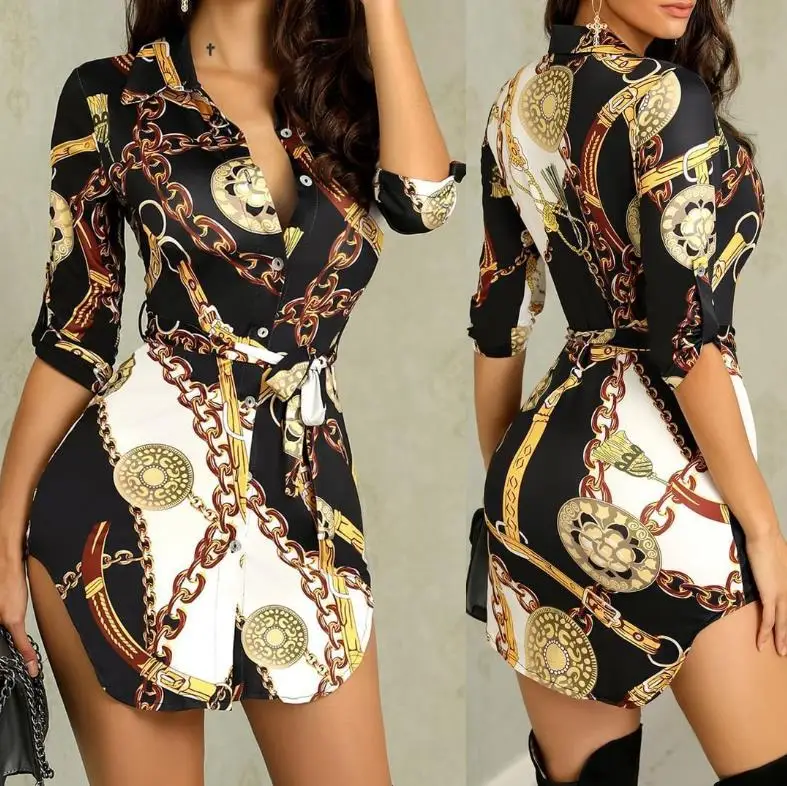 

2021 Sexy Summer Long Blouse for Women Fashion Chain Print Stand Collar Shirt Autumn Casual Clothes