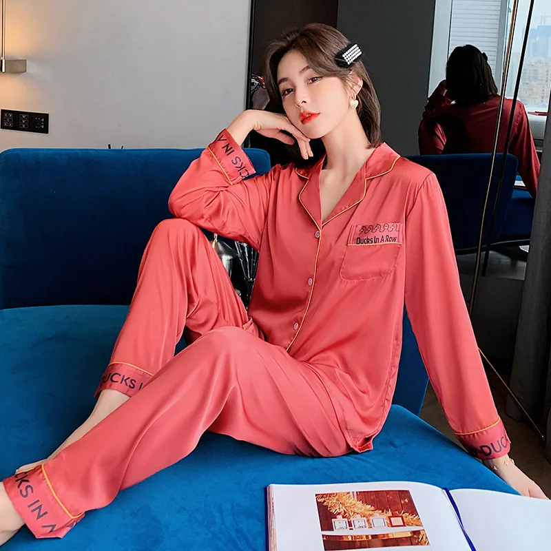Ice Women Pijamas Set Pure ColorSilk Thin Section Simple Suit AutumnCasualSpring and Autumn Pajamas Women Home Service