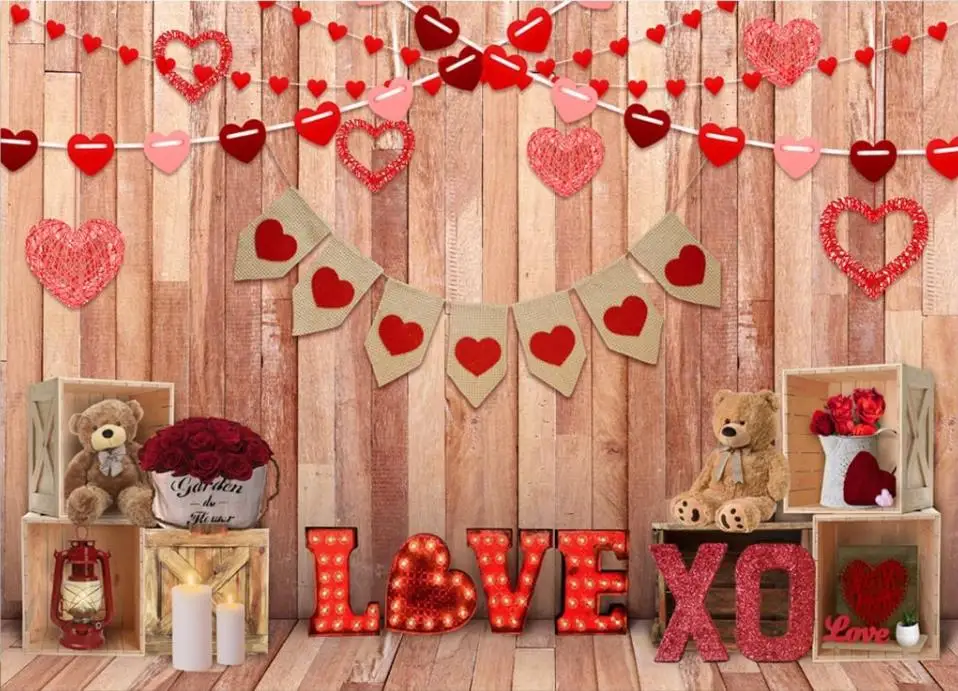 Valentine's Day Backdrop Love Heart Red Rose Teddy Bear Bridal Shower Wedding Party Decoration Photo Booth Studio Props Banner