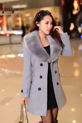 Womens Faux Fur Collar Solid Trench Coats Lady Slim Double Breasted Woolen Jackets Coat New Autumn Winter Female Outwear 5Xl