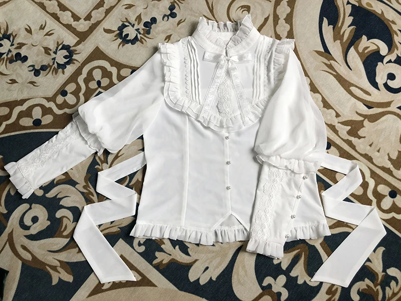 Original New Japanese Princess Style Shirt Harajuku Long Gigot Sleeves Chiffon Tops Bowknot Lace Sweet Blouse for Women