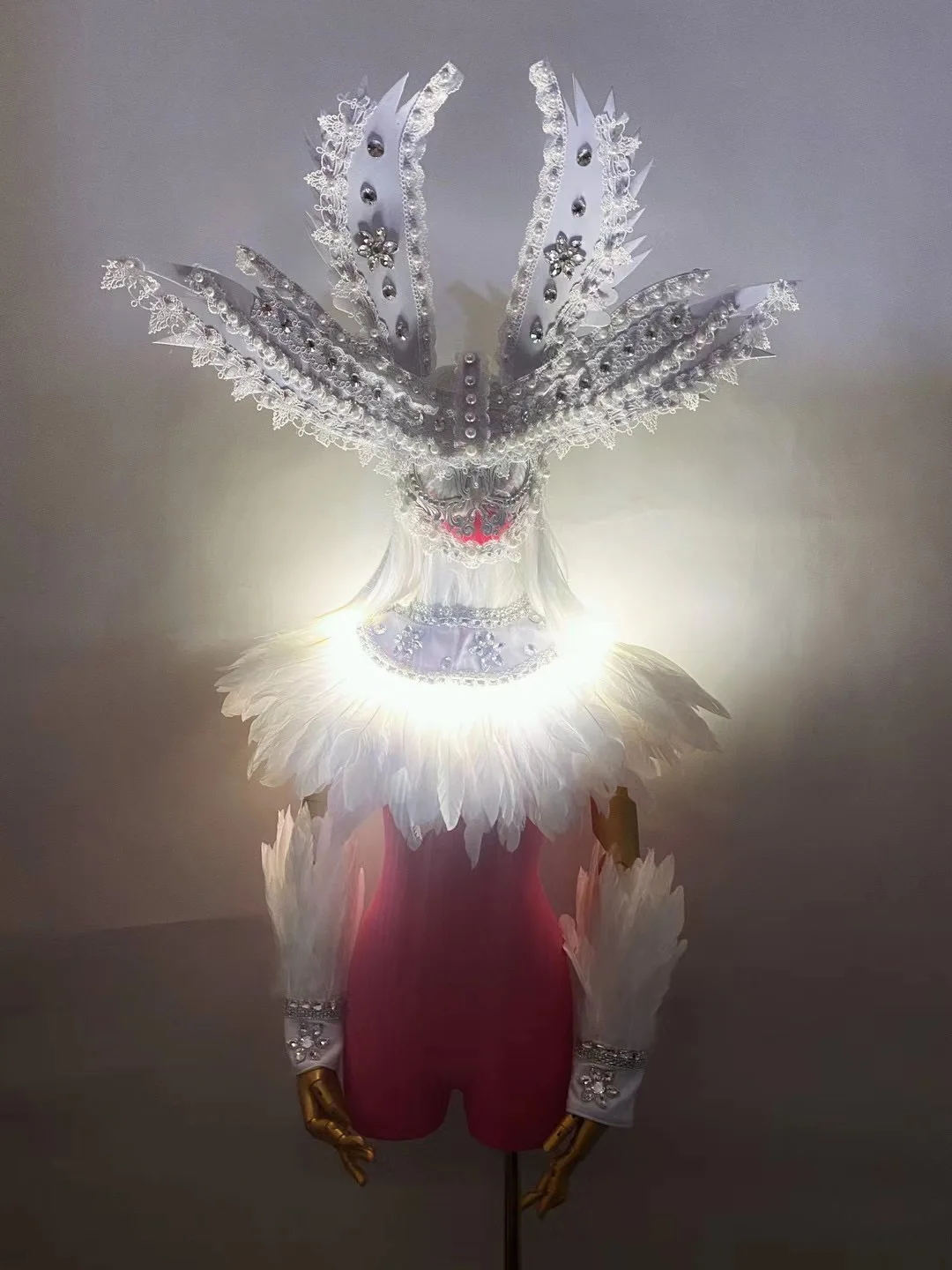 Feather cape Women gogo singer dancer stage performance wear Sexy women show costume full face mask headdress