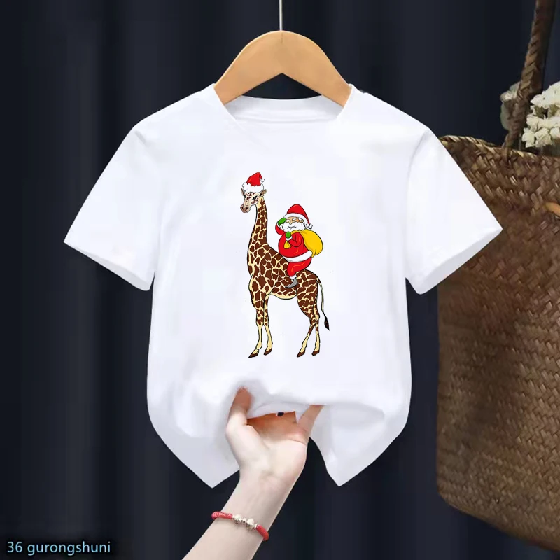 Santa Riding Giraffe Print T-Shirt Tops For Girls/Boys Funny Kids Clothes Christmas Gift Tshirt Harajuku Kawaii Children Shirt