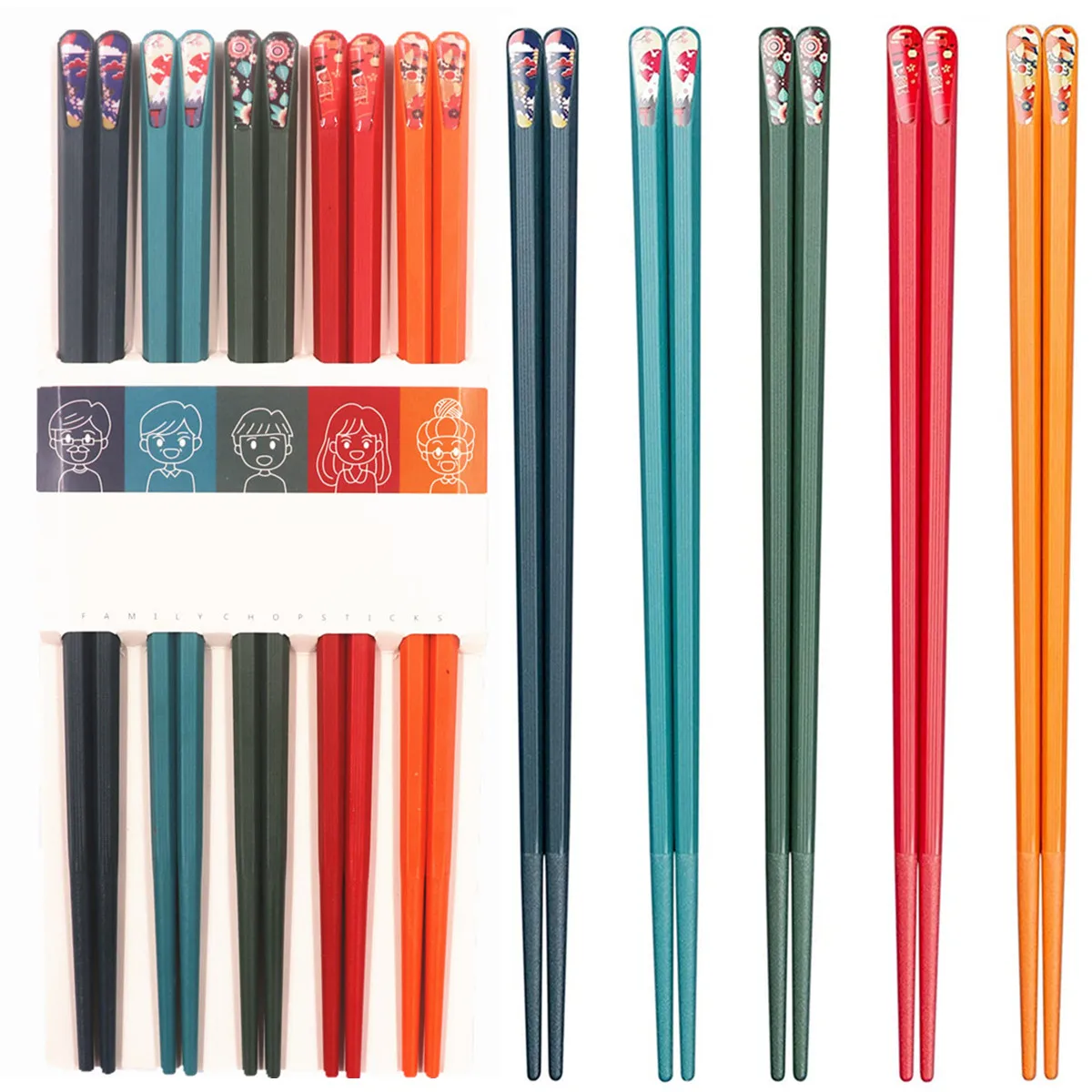 

JUNNIAO Reusable Fiberglass Chopsticks, 5 Pairs of Hand-Painted Japanese-Style Chinese Chopsticks, Can Be Used in The Dishwasher