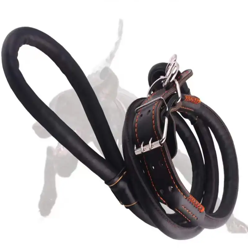 Black Pet Dog Collar Leash For Small Large Dogs Leather Round Rope Traction Belt Golden Retriever Pitbull Leads Accessories