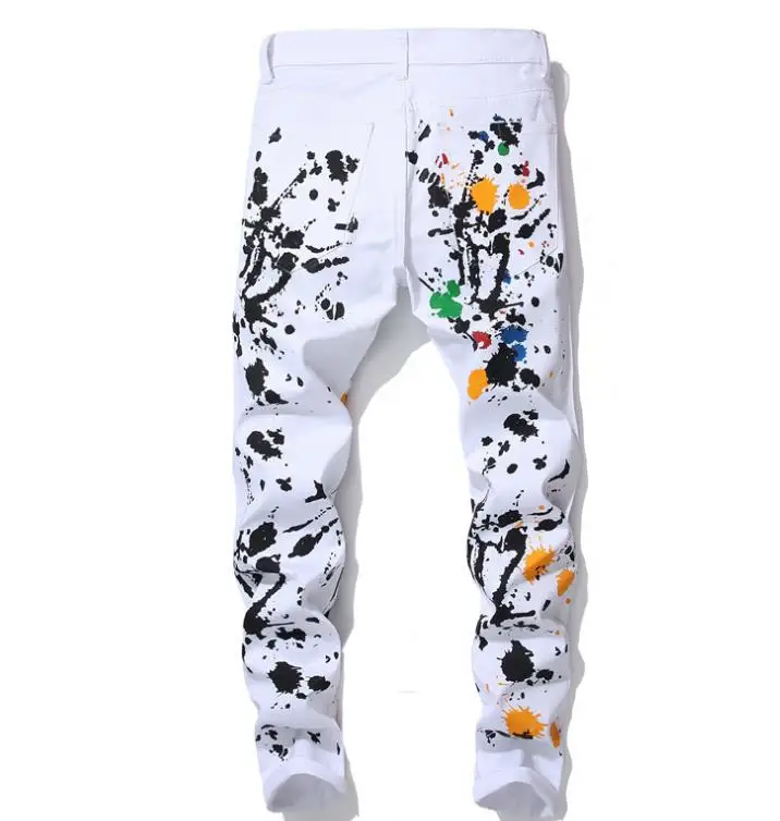 Brand Fashion New Stretch Mens Jeans white Oil painting Skinny Pants Men's Casual Cotton Denim Graffiti Printed Trousers