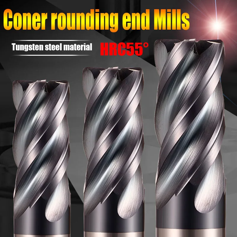 CNC tools 6mm 8mm 10mm 12mm shank R0.2/R0.5/R1mm hard alloy corner rounding end mills HRC 55 carbide tungsten milling cutter