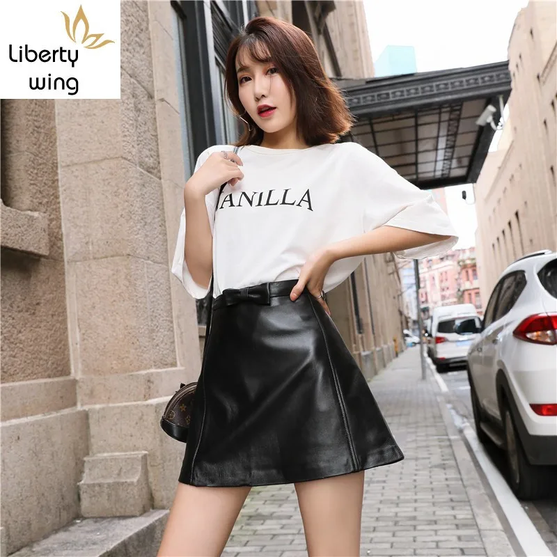 Quality Women Kawaii Bow High Waist A Line Mini Skirts Female Sexy Wrap 100% Sheepskin Genuine Leather Skirt