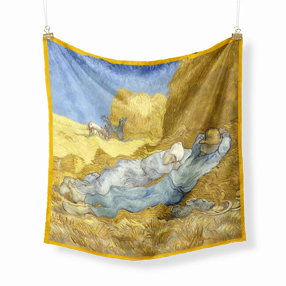 

53CM Small Square Scarf Women Van Gogh Oil Painting Twill Satin Ladies Hair Scarf Women's Bandana Hijab Bag Neckerchief