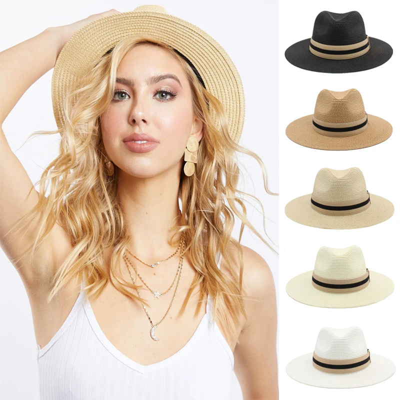 

2 Sizes Unisex Men Women Soft Straw Panama Hats Summer Wide Brim Fedora Sunhats Trilby Caps Outdoor Beach Travel Sombrero UK M-L