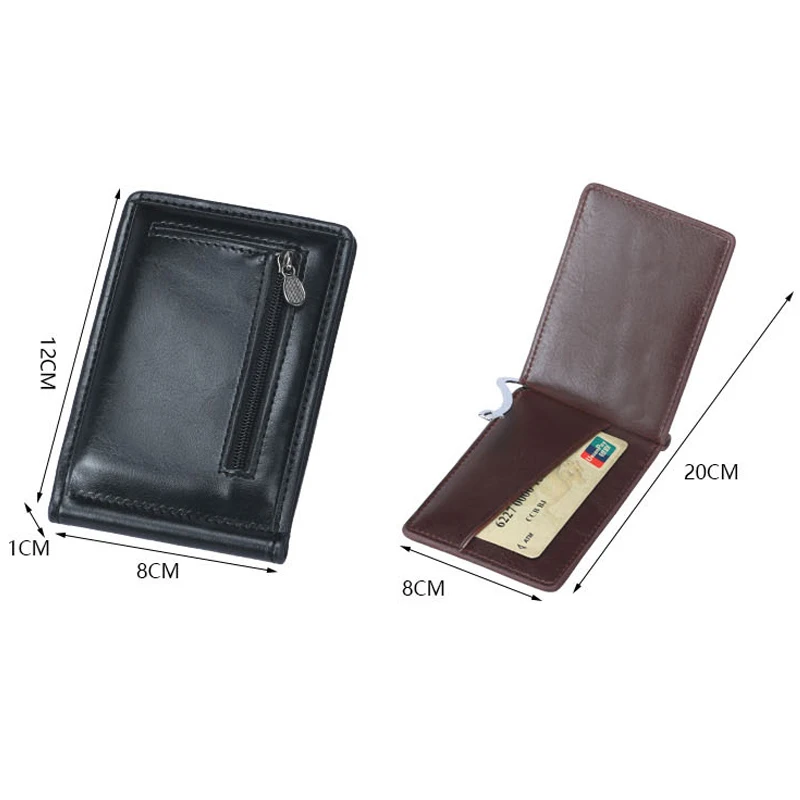 New Mini Men\'s Leather Money Clip Wallet With Coin Pocket Thin Purse For Man Magnet Hasp Small Zipper Money Bag