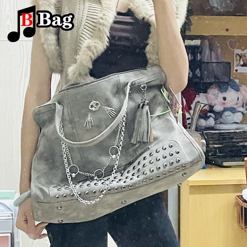 Harajuku Retro Punk Womens Girl Single Shoulder Bags Handbags Goth Skull Chain Decorate Female Large capacity Tote underarm bag