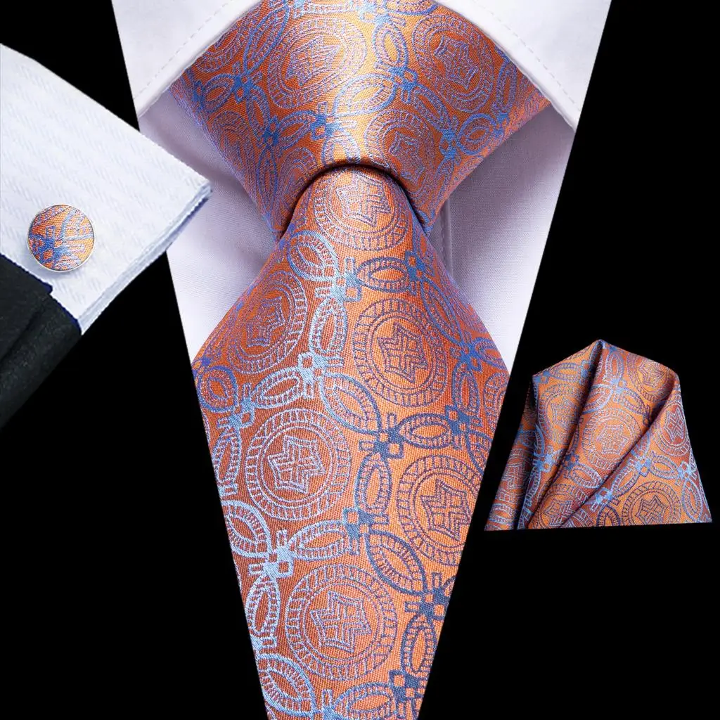 Hi-Tie Mens Necktie Luxury Orange Blue Novelty Silk Wedding Tie For Men Hanky Cufflink Gift Tie Set Business Party Dropshipping