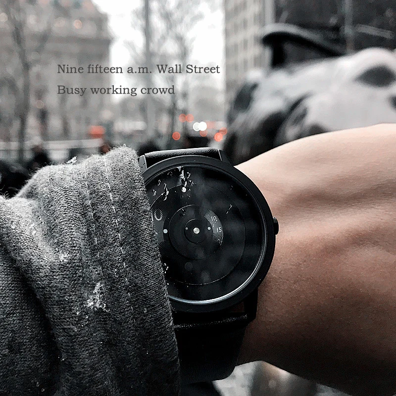 Montre à quartz en cuir sans pointeur pour hommes et femmes, montre-bracelet unisexe, design unique, cadran noir