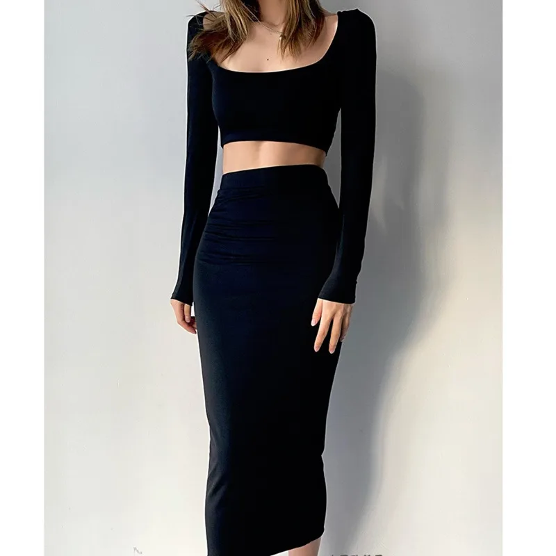 Solid color High waist short slim square neck long sleeve T-shirt + high waist bag hip long skirt two-piece suit A645