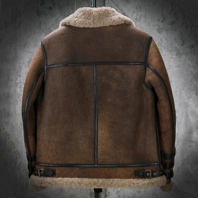 Denny&Dora New Mens Sheepskin Shearling Jacket B3 Flight Jacket Short Fur Coat Winter Hunting Jacket Brown Leather Jacket