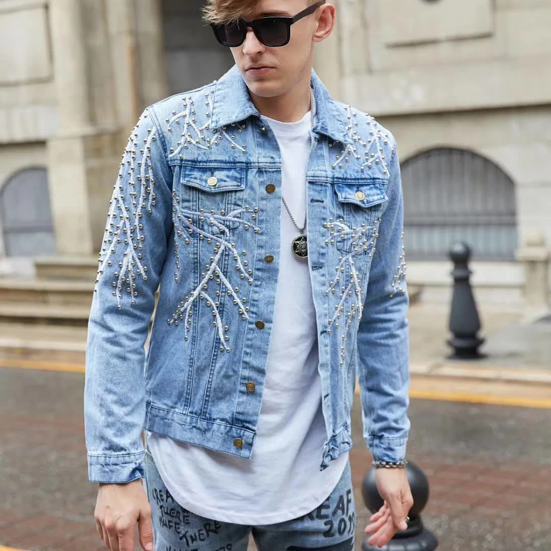 

Autumn Coat Streetwear For Male Bomber Jacket Mens Casual Hip Hop Men Punk Denim Jackets Multi Rivets Embroidery Denim Jackets