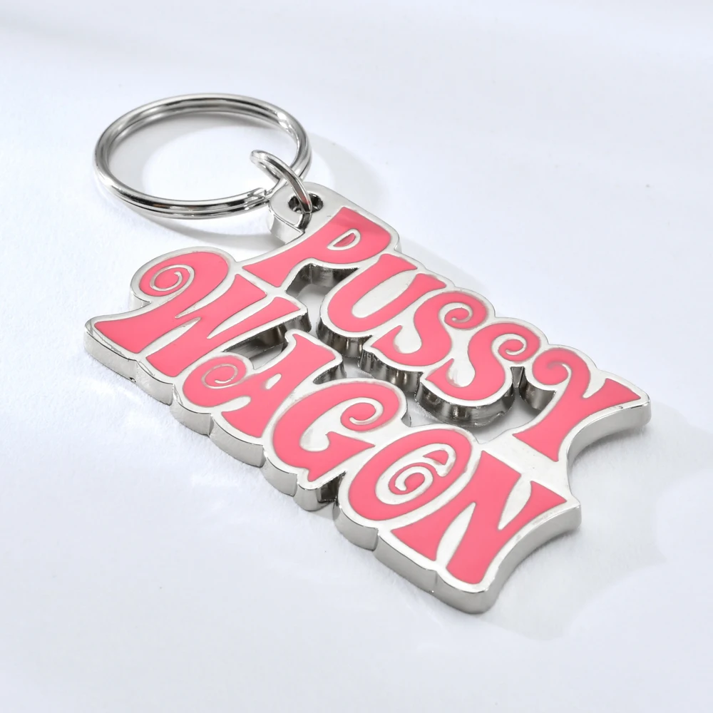 Fashion  Zinc Alloy PUSSY WAGON Keychain Pink Letter Key Chain For Woman Bag Cool Keyring For Man Keyfob Holder Accessories Gift