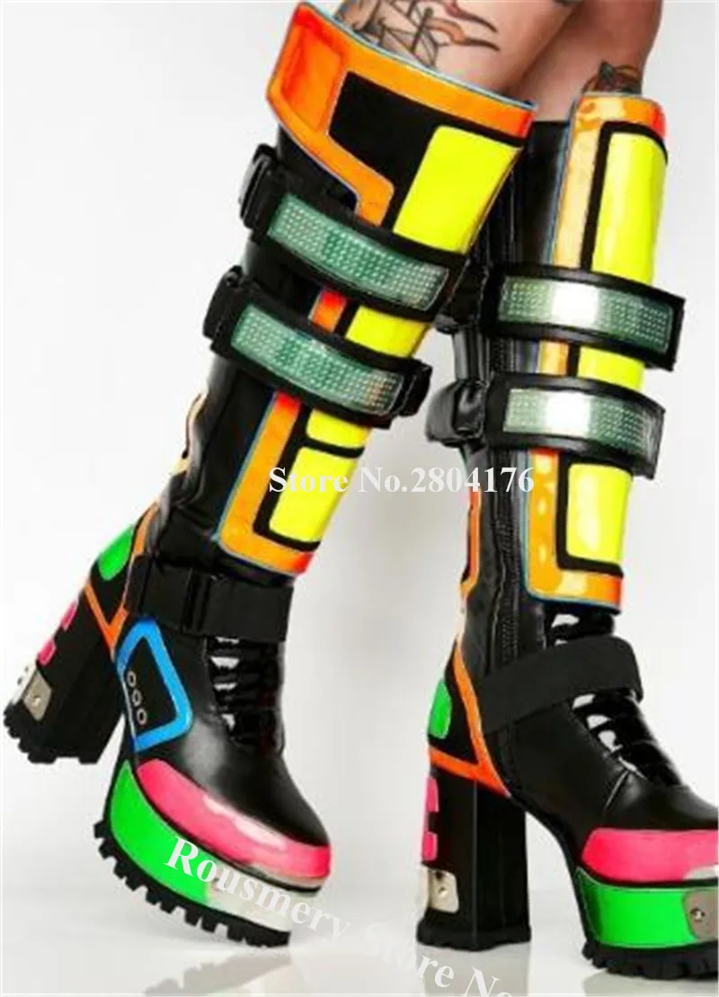 Western Fahion Round Toe Colorful Patchwork High Platform Chunky Heel Boots Reflective Knee High Buckles Super Motorcycle Boots