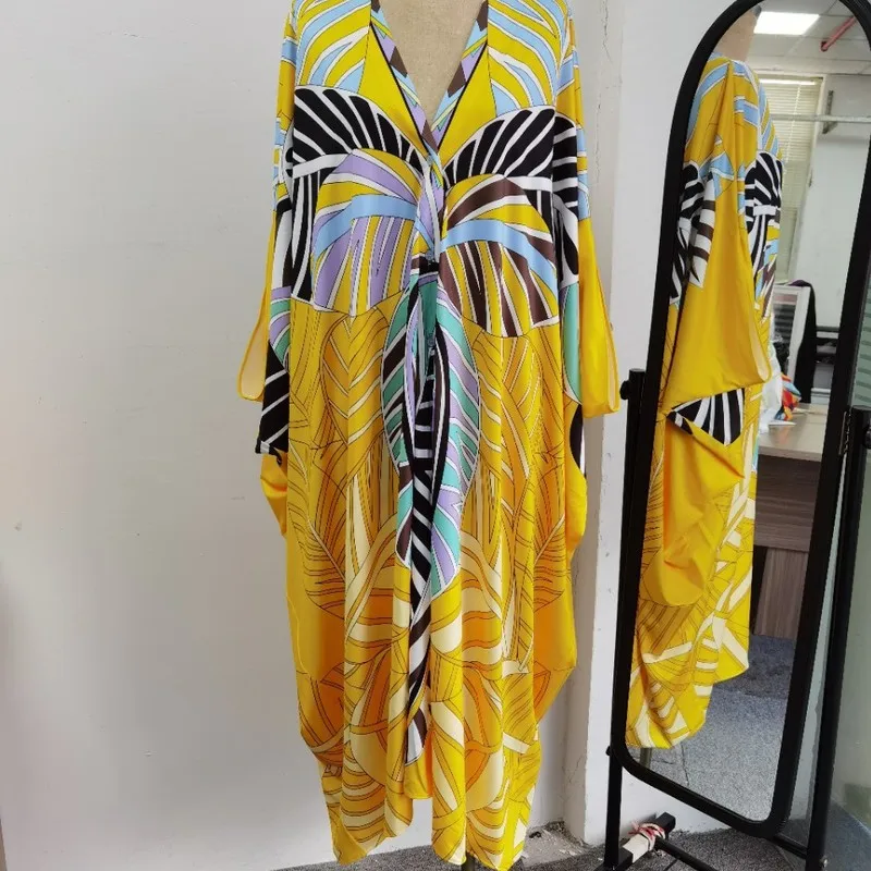 

yellow leaves floral chiffon cross border maxi dress women robe 20 summer long casual beach sexy loose dresses plus size v neck