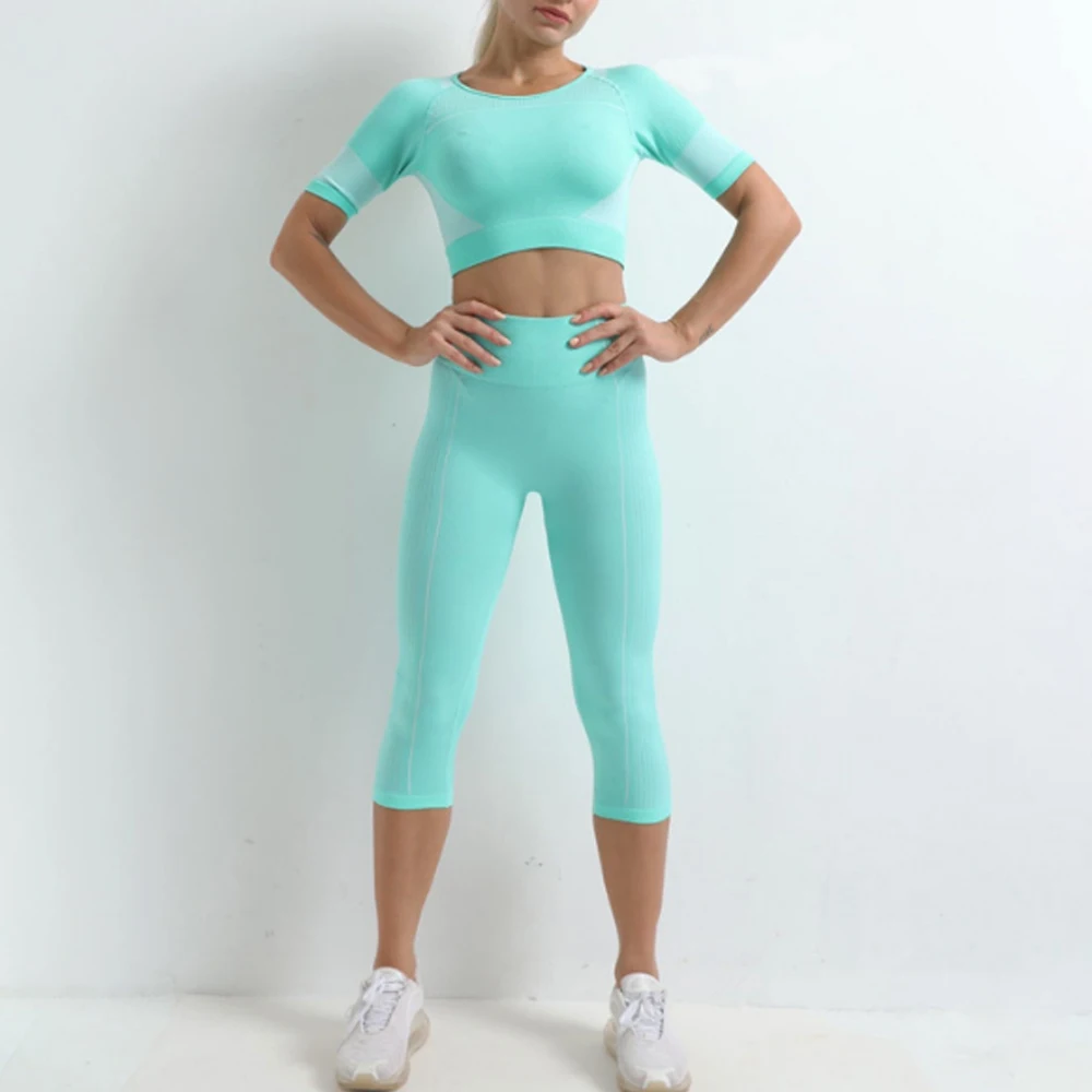 Conjunto feminino esportivo sem costura, peça conjunto feminino calça legging e top cropped academia yoga