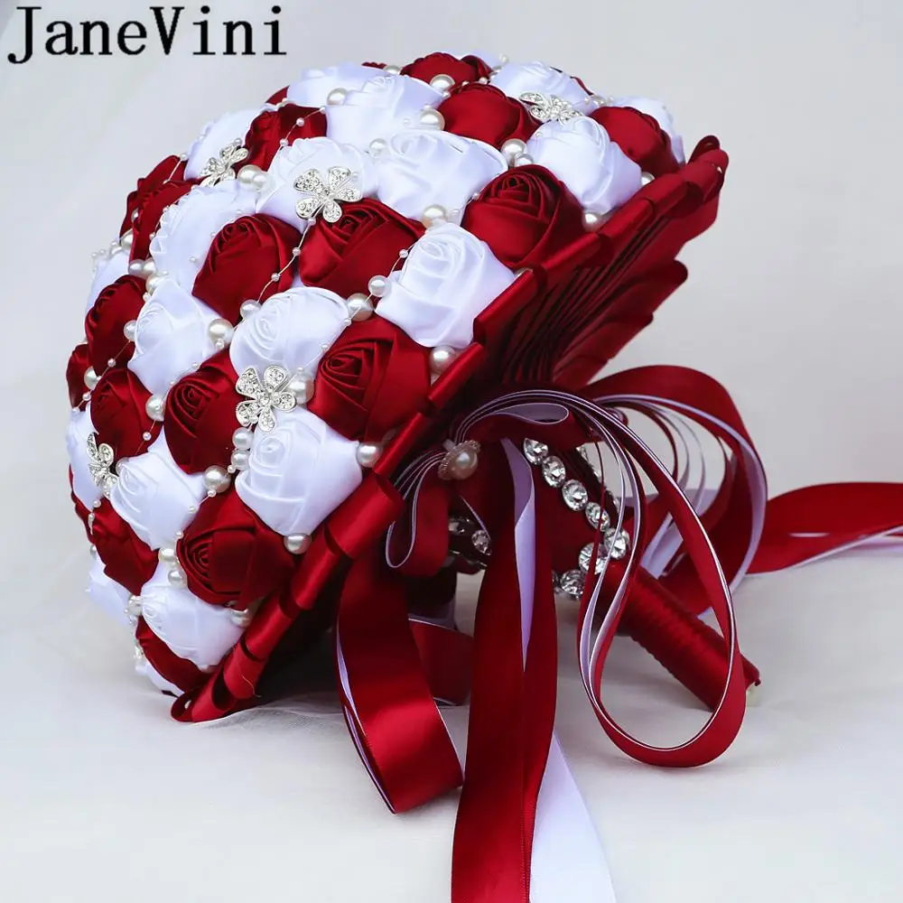 JaneVini 30CM Lớn Bó Hoa Cưới Màu Đỏ Đậm Hoa Cưới Cô Dâu Bó Hoa Sang Trọng Pha Lê Ngọc Trai Đá Hạt Cô Dâu Hoa Hồng