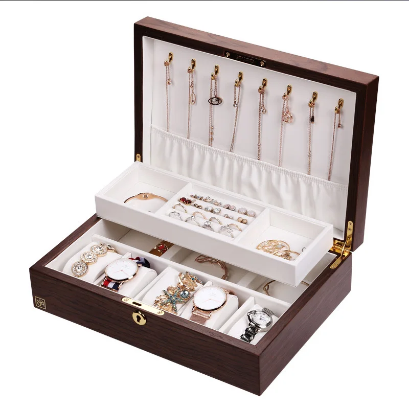 Vintage Lock Jewelry Watch Storage Box Integrated Solid Wood Organizer Double-layer Storage Box Earrings To Prevent OxidationCus