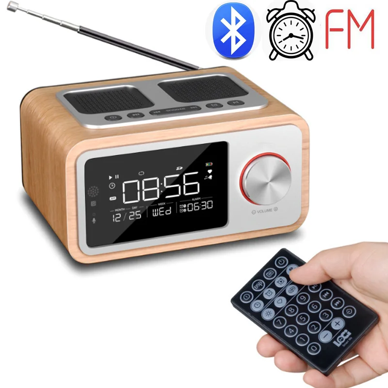 Wooden Alarm Clock Radio Portable Retro Radio Bluetooth Speaker Digital FM Radio Multi-Functional MP3 Player Supports Micro USB