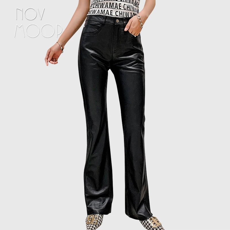 

Novmoop 100% genuine leather women full length pants flare leg openning sexy french chic style Pantalones de cuero LT3556