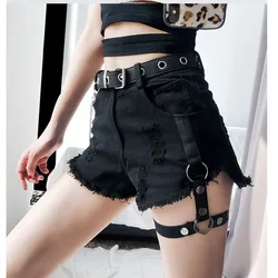 Summer Hot Denim Shorts for Women Sexy Rivet Ring Harness Band Casual  Jeans Shorts High Waist Worn-out Hole Black Shorts Lady