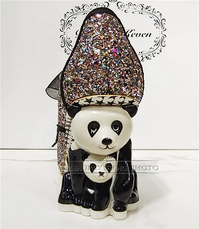 Novelty Panda-Shaped Strange Heel Banquet Shoes Woman Round Toe Platform Ribbon Lace-Up Sequins Pumps Women Spring