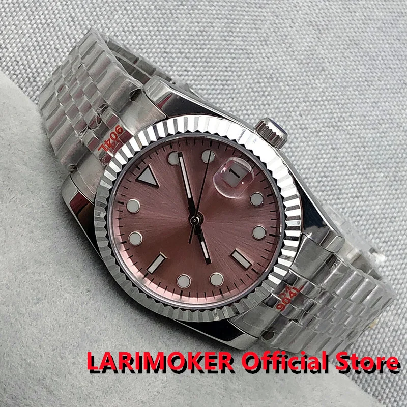 

LARIMOKER 36mm 21 Jewel MIYOTA 8215 Pearl 2813 Movement Men's Watch Sapphire Crystal Pink Dial Jubilee Bracelet Luminous