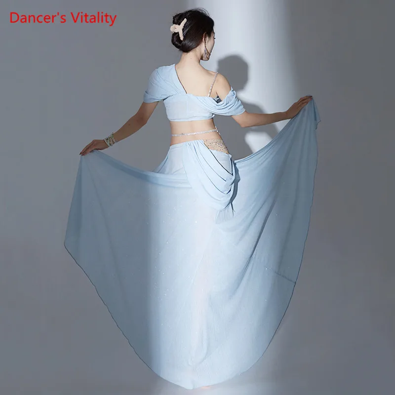 Belly Dance Suit Sequins Top Short Sleeve Long Skirt Practice Clothes   Oriental Dancing Woman Elegant performance Clothing Set