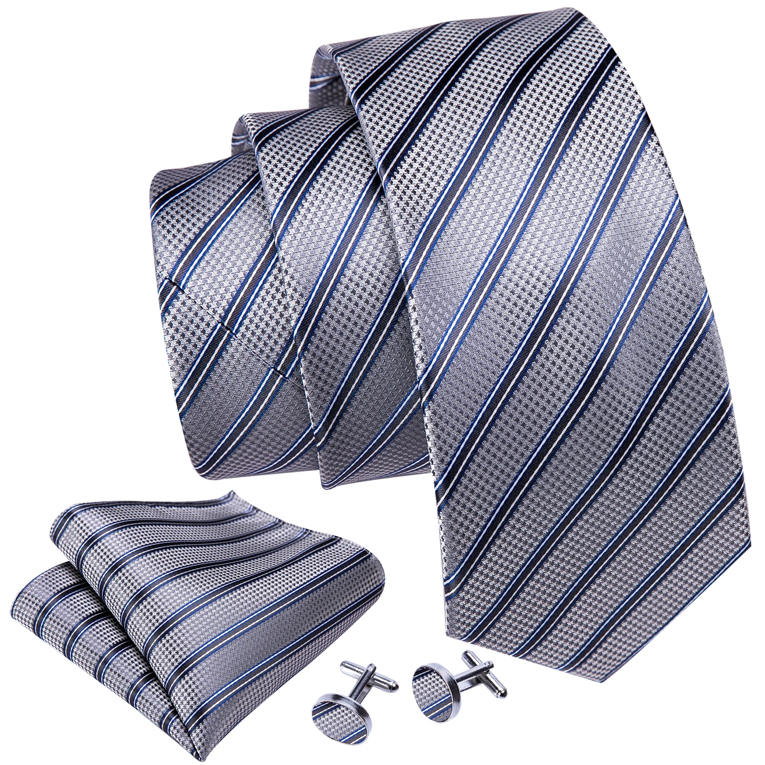 Fashion Luxury Gray Striped100% Silk Tie Gifts For Men Gifts Suit Wedding Tie Barry.Wang NeckTies Hanky Sets Business LN-5322