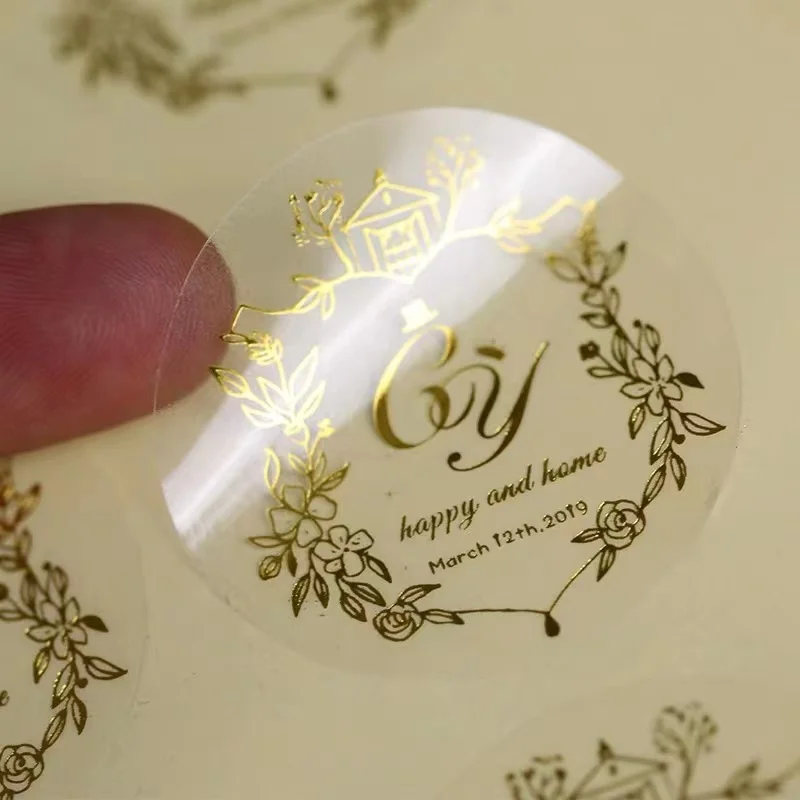 100 Square Personalized Labels, Transparent Gold Foil Stickers, Suitable For Small Company Parties, Gift Seals, Wedding Packagin