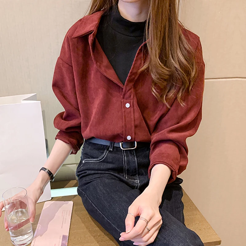 Shirts Women Fake Two-pieces Vintage Fashion Retro Street-wear Patchwork Long-sleeve Loose Office-ladies All-match Simple Chic